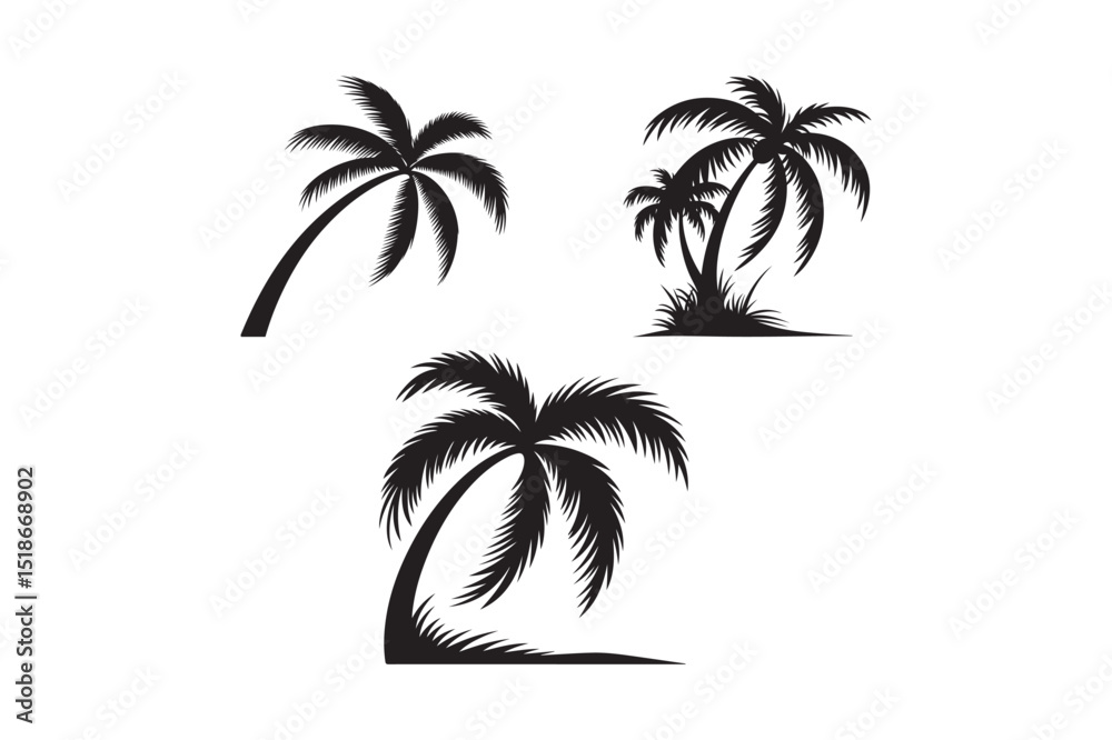 Fototapeta premium Tropical Palm Tree Silhouette Clipart Black Beach Vector Illustrations