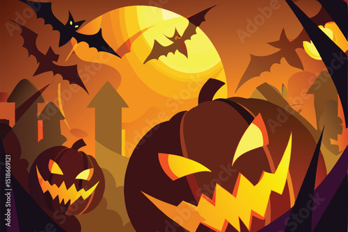 Spooky halloween scene featuring glowing jack o'lanterns and flying bats