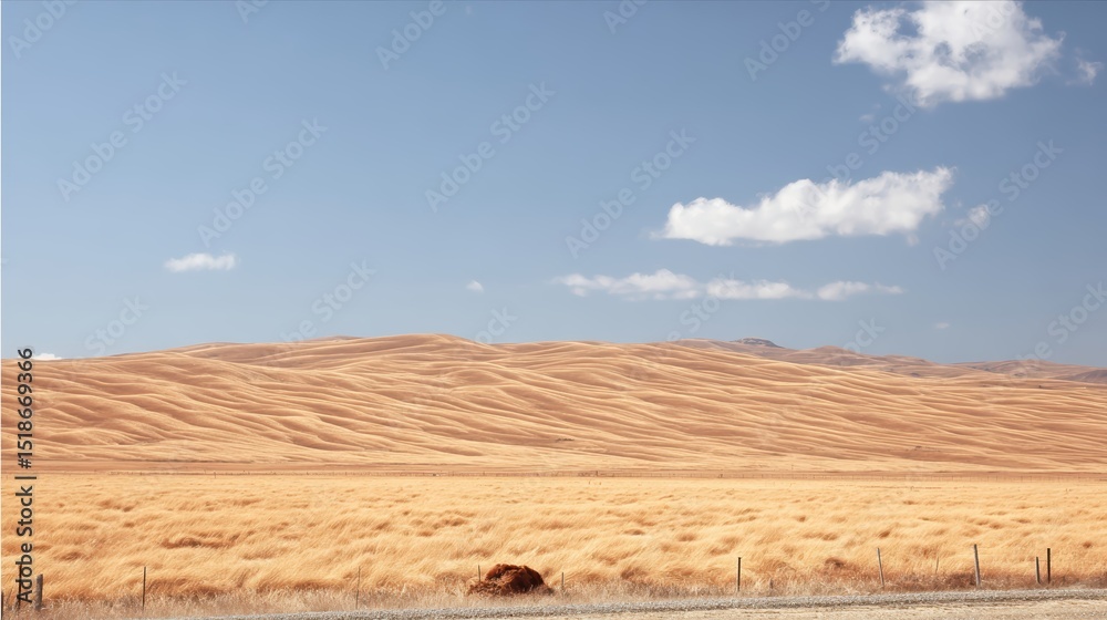 Fototapeta premium Expansive Golden Prairie Under a Clear Blue Sky With Gentle Winds Sweeping Across the Grass