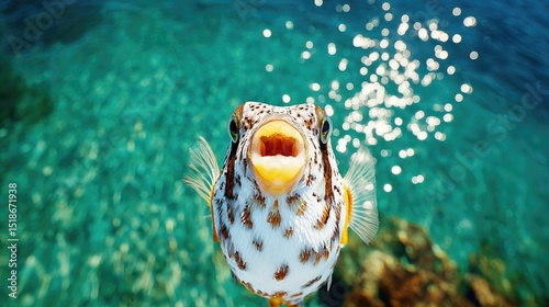 Happy Fish Swimming Underwater, Sticking out Tongue and Enjoying the Beautiful Light on a Sunny Day