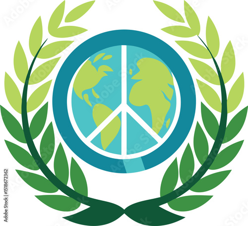 World peace symbol surrounded by olive branches on a transparent background