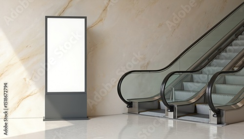 Empty digital display next to escalator. Blank screen for advertising or information. Modern design for commercial space, shop or station. Indoor promotion.