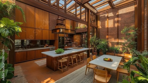 Light-filled kitchen-dining area with wooden cabinetry and brick walls.