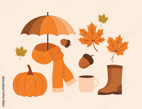 Autumn season vector clipart in minimal style- pumpkin, maple leaves, acorn, coffee isolated