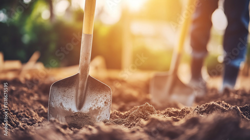 Closeup of two shovels in the ground, dirt and blurred workers in background. Generative AI photo