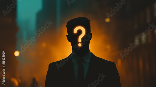 Mysterious Businessman Silhouette Question Mark Urban Night Identity Unknown Anonymity. Generative AI