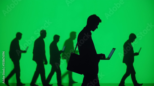 Silhouette of Many Men Walking and Using Laptops on Green Background. Generative AI