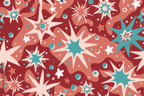 Abstract bursting star and shape seamless pattern in retro color scheme
