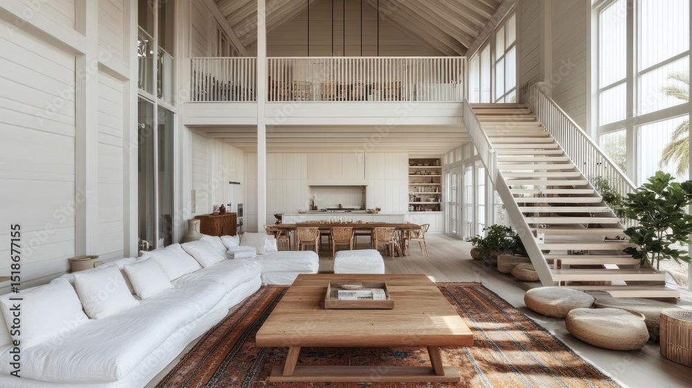 Fototapeta premium Open-plan coastal house interior with light-toned furnishings.