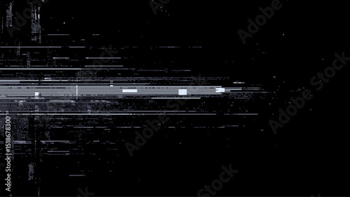 Digital glitchy lines on a black background. glitch art style. White digital data stream. video game style. pixelated data elements. video data artifacts. vector graphics. 