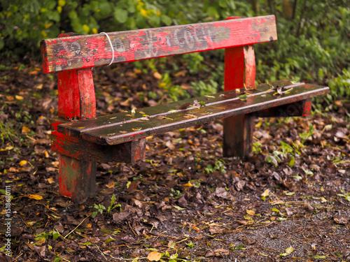 Old worn out wooden bench in red color in a forest park by a footpath. Selective focus. Nobody. Sitting area to enjoy colors and sounds of nature. photo