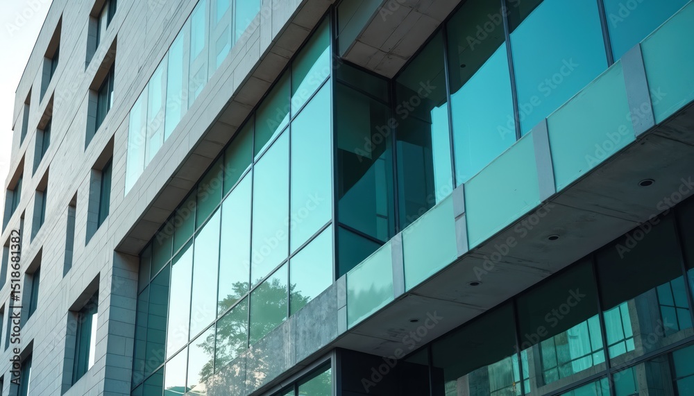 Modern office building facade with sleek teal glass and geometric concrete patterns. Corporate or industrial backdrop for business presentations, website design, tech or startup visuals.