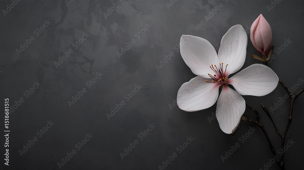 Fototapeta premium A simple white flower graces a greeting card set on a soft gray background, creating a minimalist, elegant, and serene design.
