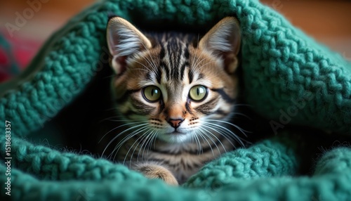 Wallpaper Mural Adorable gray tabby kitten nestled green cozy blanket. Cat rests indoors. Warm seasonal comfort, fuzzy fur. Cute small pet, peaceful relaxation. Love, care, warmth companionship, joyful, furry. Torontodigital.ca