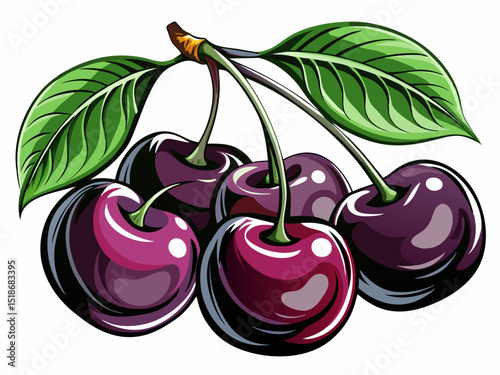 vector of Black cherries with isolated leaves on white.