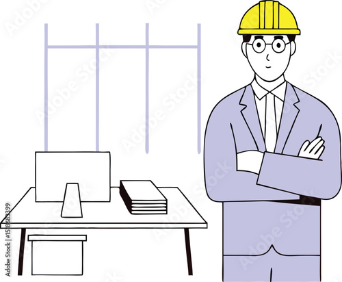 Abstract illustration of an architect with a hard hat and crossed arms on transparency