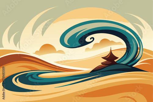 Abstract japanese wave with pagoda and stylized landscape illustration