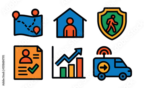 Flat vector icons of migration and refugee support: migration path map, refugee shelter icon, border assistance badge, integration plan file, refugee rights document, resettlement program chart, safe