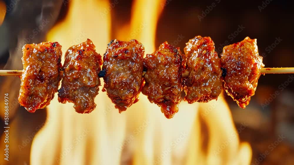 Skewered Delight: Close-up of perfectly cooked meat cubes on a skewer, sizzling above the open fire, promising a burst of flavors and textures.
