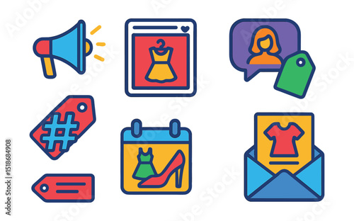 Flat vector icons of fashion marketing and promotion: marketing campaign icon, social media post symbol, influencer tag, press release badge, branded hashtag icon, product launch calendar, fashion ad