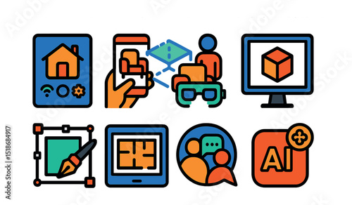 Flat vector icons of technology and innovation in design: smart home interface, virtual design app, augmented reality interior tool, 3D modeling screen, design software icon, digital floor plan,