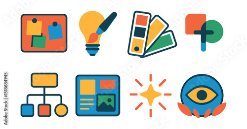 Flat vector icons of design inspiration and creativity: Pinterest-style idea board, lightbulb with paintbrush, sample mood palette, style fusion icon, creative flow chart, vision board layout, design