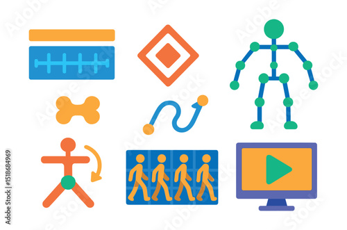 Flat vector icons of animation and rigging: timeline icon, keyframe diamond, character rig skeleton, bone structure symbol, motion path curve, pose tool icon, walk cycle chart, animation preview