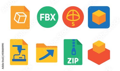 Flat vector icons of file types and export formats: OBJ file icon, FBX file badge, STL format symbol, GLTF cube icon, 3D print file, render output folder, compressed zip archive, asset package icon.