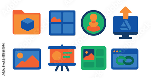 Flat vector icons of artistic portfolio and presentation: 3D artist portfolio folder, project showcase grid, turntable render badge, artstation upload icon, render thumbnail preview, client pitch