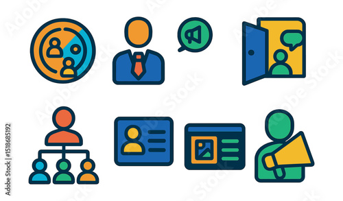 Flat vector icons of career networking goals: job connection radar, recruiter contact icon, opportunity gate, informational interview symbol, referral tree, company insider profile, portfolio