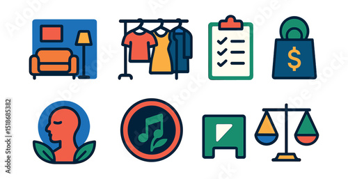 Flat vector icons of minimalism and intentional living: minimalist room layout, simple capsule closet, declutter checklist, intentional purchase icon, mindful moment symbol, sustainable rhythm badge,
