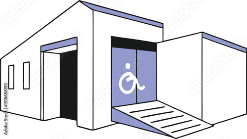 Accessible architecture building illustration featuring ramp and disability symbol