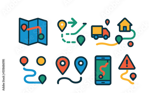 Flat vector icons of routes and logistics paths: route map, optimized path icon, delivery route line, last mile route, cross-country route, stop markers, route planner app, traffic alert.