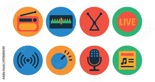 Flat vector icons of radio and live audio: old radio, FM/AM dial, antenna icon, live broadcast badge, radio waves, volume dial, radio host mic, radio playlist.