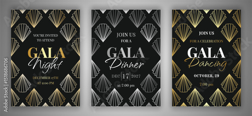 Art deco style gala night, dinner, dancing invitation set. Gold and silver geometric linear signs on the black background. EPS 10 vintage cards with diamond-shaped frames.