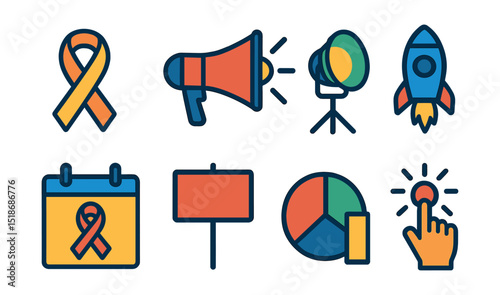 Flat vector icons of awareness and advocacy: awareness ribbon, advocacy megaphone, issue spotlight, campaign launch, awareness month calendar, protest sign, info graphic icon, call to action.