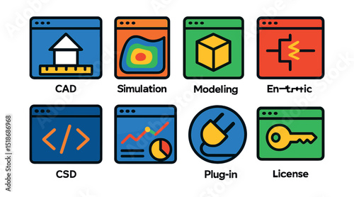 Flat vector icons of engineering software tools: CAD icon, simulation app, modeling software, schematic editor, code interface, engineering dashboard, plug-in tools, license window.