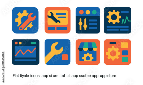Flat vector icons of engineering apps and dashboards: app icon, digital tool interface, control panel screen, monitoring dashboard, analytics chart, engineering UI, app store, software tile.