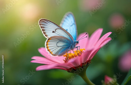Vibrant photo of butterfly on pink flower. Winged insect with blue, white wings, detailed antennae. Nature, beauty, pollination concept. Macro shot, blurred background, ideal for nature lovers,