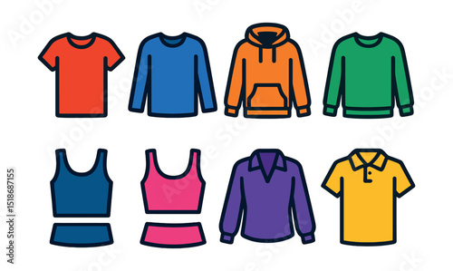 Flat vector icons of upper body clothing: plain t-shirt, long sleeve shirt, hoodie, sweater, tank top, crop top, blouse, polo shirt.