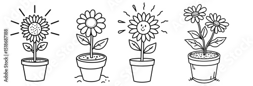 Colorful flower illustrations in pots for children coloring book concept of flower coloring set  