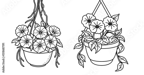 Hanging flowers in pots for kids coloring set concept  