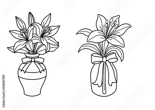 Outline illustration of lily flowers in vases with decorative bows - Concept of children's flower coloring set  