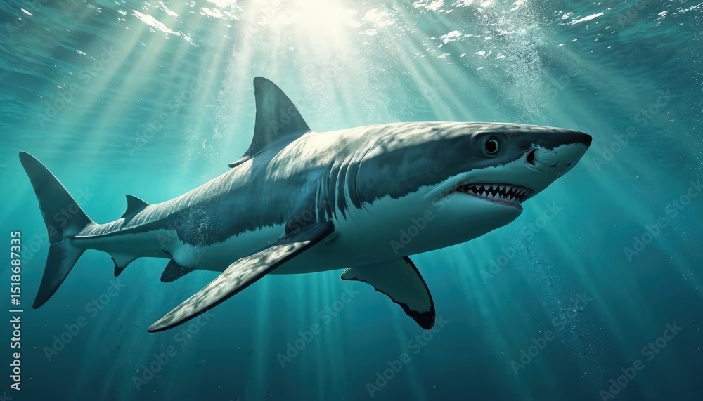 Fototapeta premium Majestic great white swims through sun-drenched ocean waters. Sunlight rays penetrate the deep sea, illuminating this apex predator. Marine life underwater. Adventure, diving, travel concept.