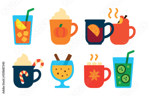 Flat vector icons of seasonal beverages: iced summer tea, pumpkin spice latte, mulled wine mug, hot apple cider, peppermint mocha, eggnog glass, winter spiced cocoa, refreshing cucumber water.