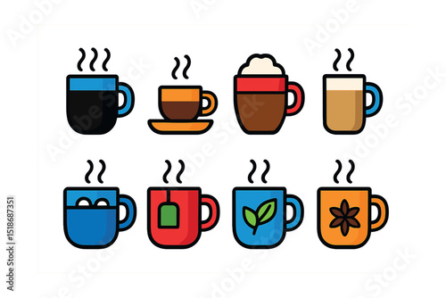 Flat vector icons of hot beverages: black coffee, espresso, cappuccino, latte, hot chocolate, green tea, herbal tea, chai.
