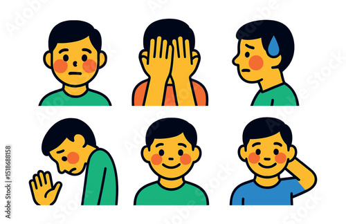 Flat vector icons of embarrassment and shyness: red cheeks, hiding face with hands, turned head blush, sweat drop on temple, shrinking posture, shy smile, awkward gesture, hand behind neck.