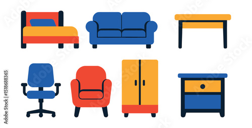 Flat vector icons of common furniture: bed, sofa, armchair, dining table, office chair, coffee table, wardrobe, nightstand.