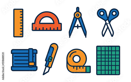 Flat vector icons of cutting and measuring tools: ruler, protractor, compass, scissors, paper trimmer, craft knife, measuring tape, cutting mat.