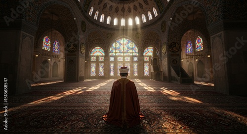 Serene man praying in a majestic mosque with stained glass windows red calm gold hope holy turk islam photo